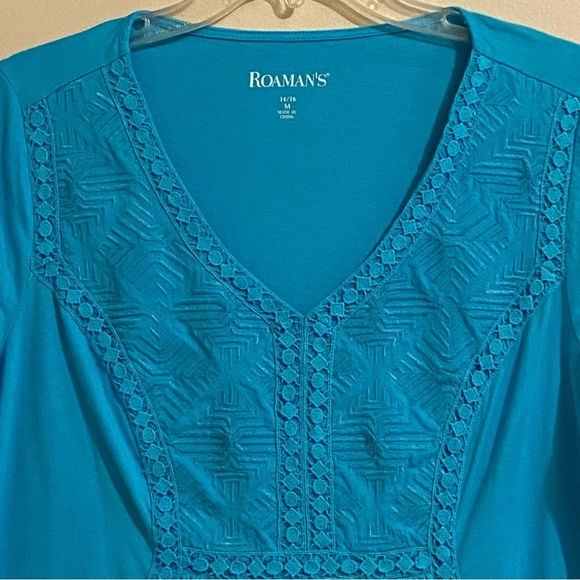 Romans Women's Size M (14/16) Teal Short Sleeve V-Neck Front Embroidered - Picture 3 of 11